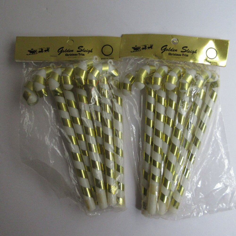 12 Blow Mold 7" Candy Cane Ornaments White & Gold Vintage Golden Sleigh NIP